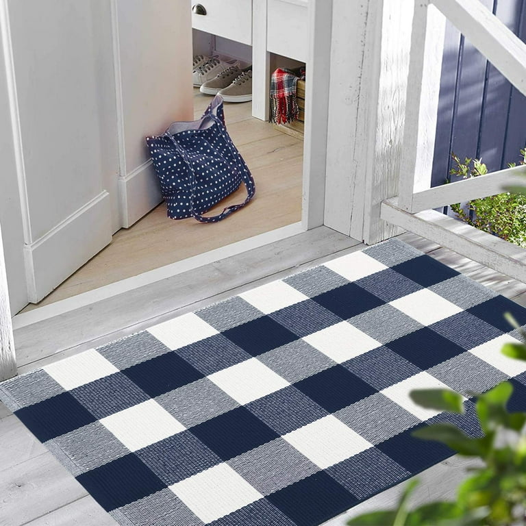 Navy Blue White Plaid Rug Indoor Porch Checkered Rug, Washable