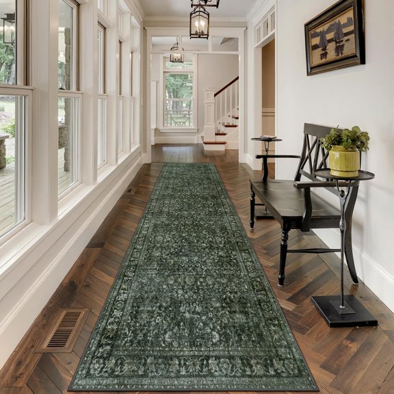 LEEVAN Green Vintage Hallway Runner 2.5x12,Distressed Floral Long Kitchen Rug,Soft Washable Indoor Rug Non Slip for Entryway,Bathroom,Laundry Room,Bedroom,Office