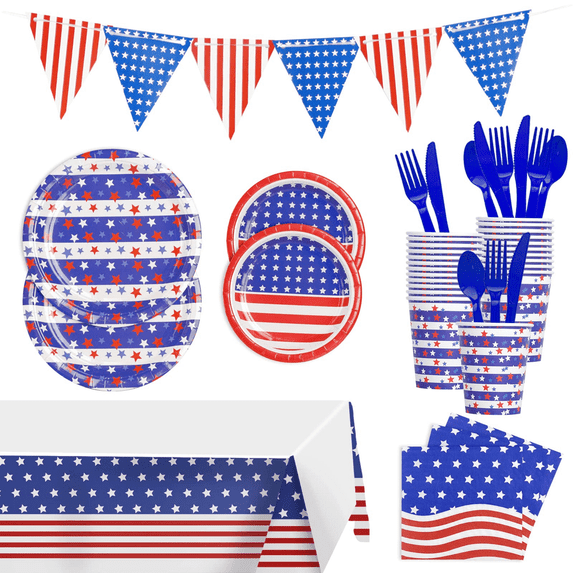 LEEYNEER 113 Pcs 4th of July Patriotic Party Supplies Decoration 16 Guest American Flag Tableware Set Tablecloth Plates Cups Napkin