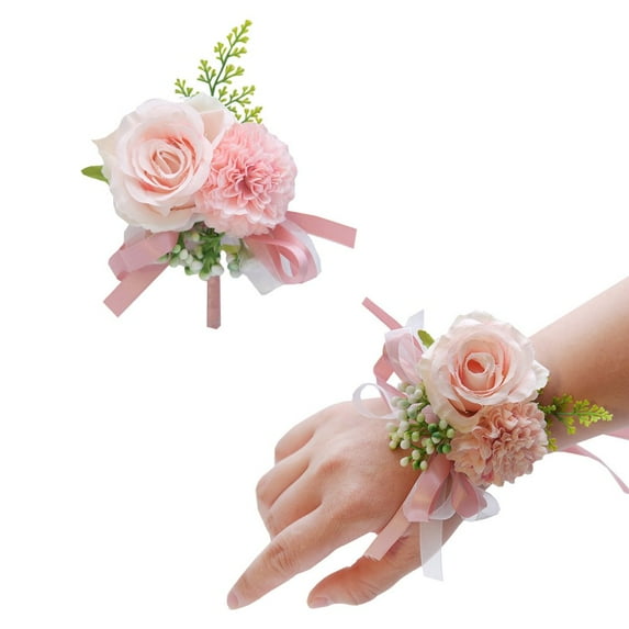 LEEYNEER 2Pcs Artificial Flower Wrist Corsage and Boutonniere Set Wedding Flowers Accessories for Groom Groomsmen Bride Bridesmaids (Pink)