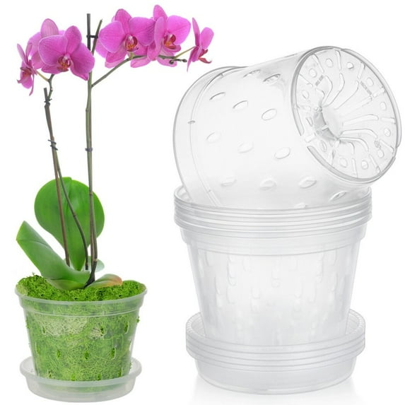 LEEYNEER 5Pcs Orchid Pots Clear Plastic Pots with Holes and Saucers 5.5in Breathable Orchid Planters for Indoor and Outdoor Repotting Slotted Orchid Nursery Pots for Home Garden Yard