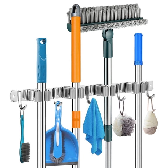 LEEYNEER Broom Holder  Stainless Steel Mop Hanger  Wall-Mounted Tool Organizer with 4 Racks and 5 Hooks  Metal Tool Organizer for Kitchen Garden Garage  Silver