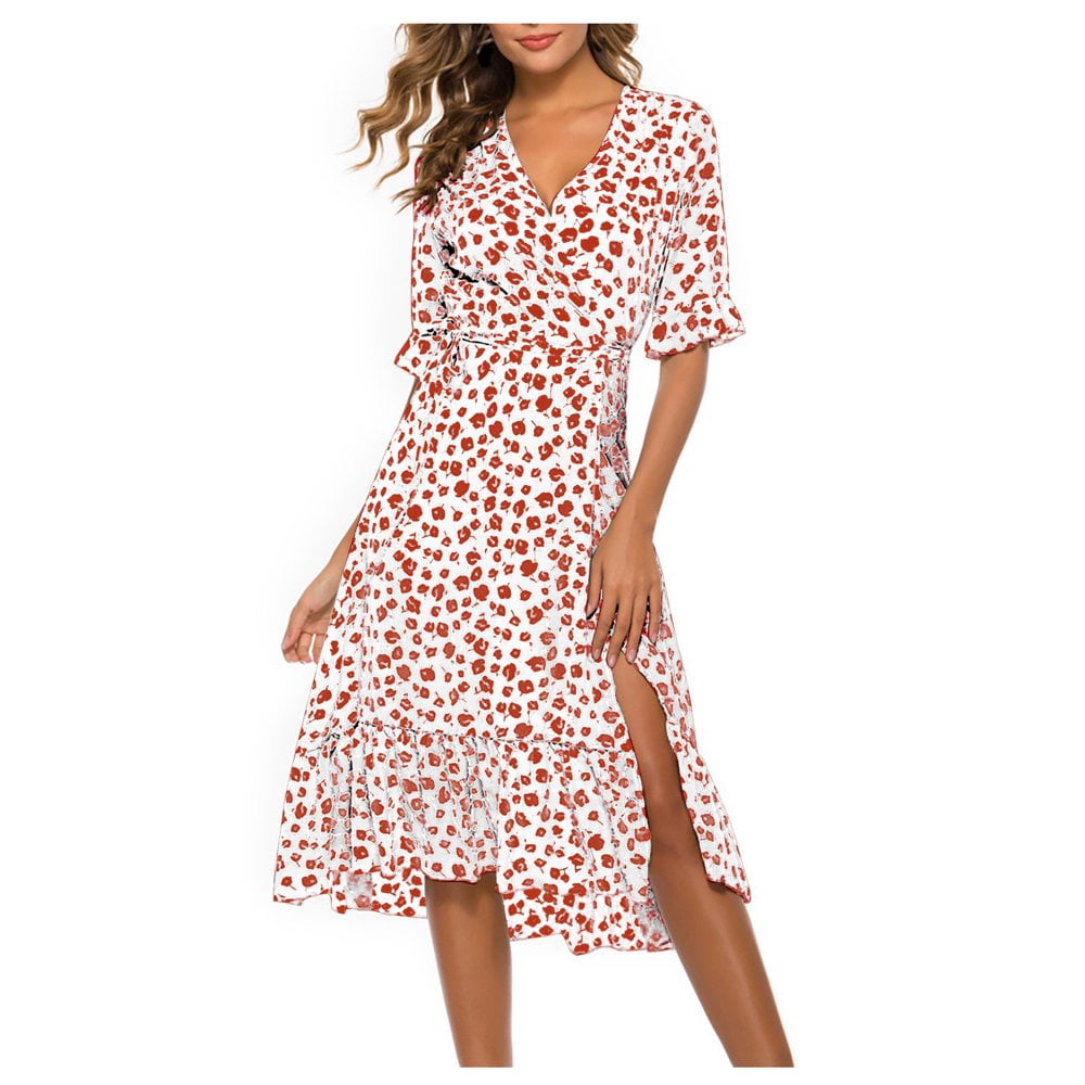 Eloges Women's 3/4 Sleeve Floral Midi Dress - Curved Hem, Banded Waist, Hidden Pockets, Made In USA