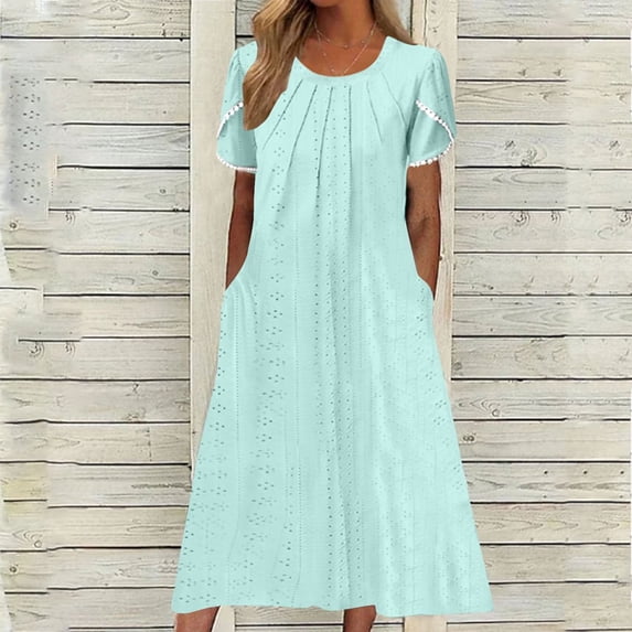 LEEYNEER Eyelet Dresses for Women Summer Fashion V Neck Sleeveless Ruffle Dresses Solid Color Loose Fit Mini Dresses Casual Flowy Summer Dresses for Women 2024 Vacation