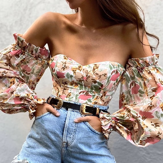 LEEYNEER Ladies Summer Fashion Sexy One-Shoulder Print Full Sleeve Print Top Blouses Plus Size Tops for Ladies Autumn Winter Casual Loose Tunic Blouse Pink M