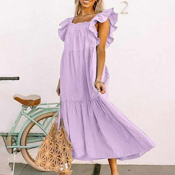 LEEYNEER Maxi Dresses for Women 2024 Ruffle Cap Short Sleeve Dress Pleated Swing Tunic Dress Flowy Boho Beach Sundress