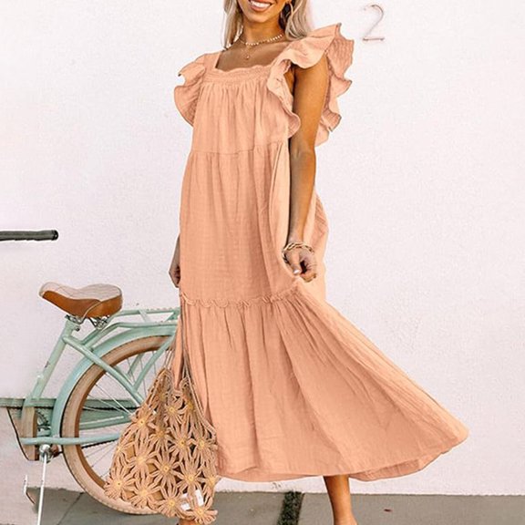 LEEYNEER Maxi Dresses for Women 2024 Ruffle Cap Short Sleeve Dress Pleated Swing Tunic Dress Flowy Boho Beach Sundress