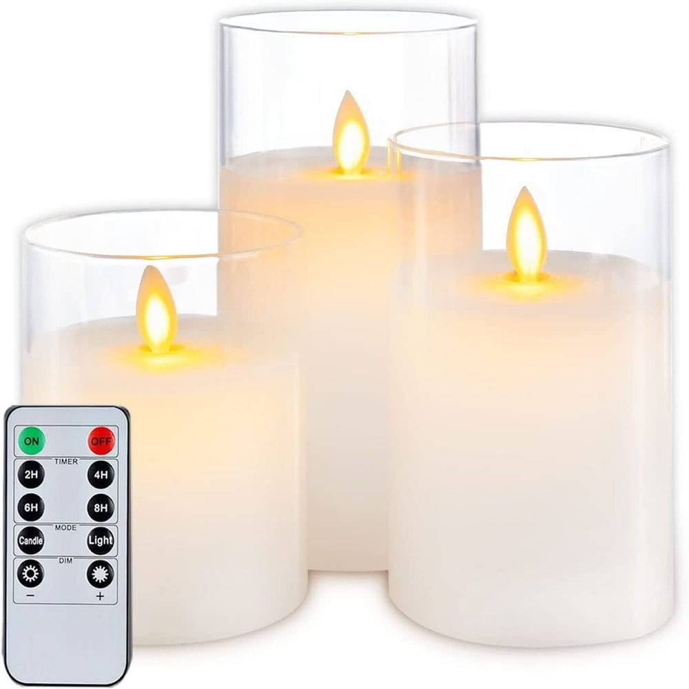 LEEYNEER Merrynights Pure White Flickering Flameless Candles  Battery Operated Glass LED Pillar Candles with Remote Control and Timer  Moving Flame  Set of 3