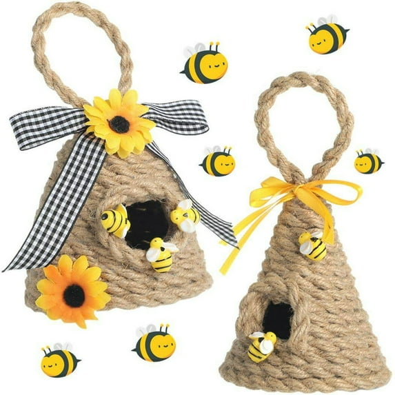 LEEYNEER Mini Beehive Decor Hemp 2PCS Honey Bee Tiered Tray Decor Farmhouse Centerpiece