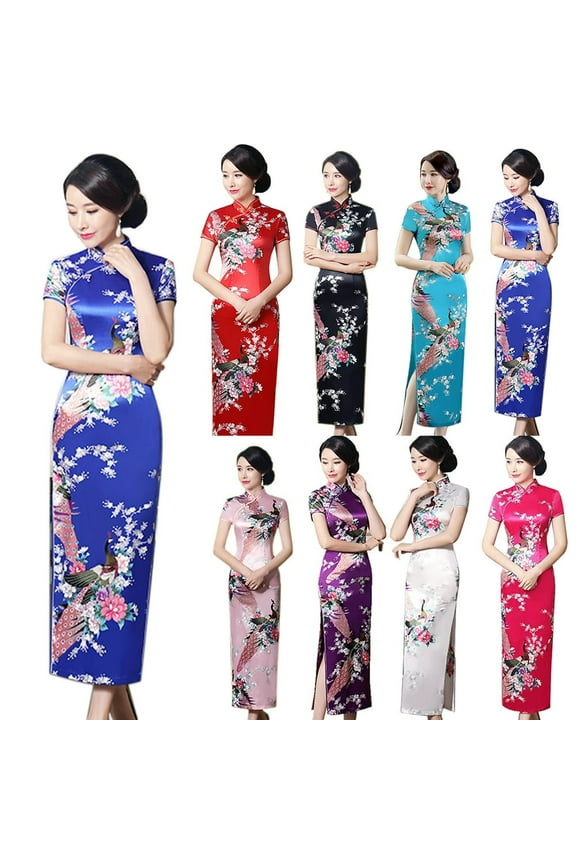 Peacock Print Women Chinese Long Cheongsam Bridesmaid Short Sleeve Evening Dress