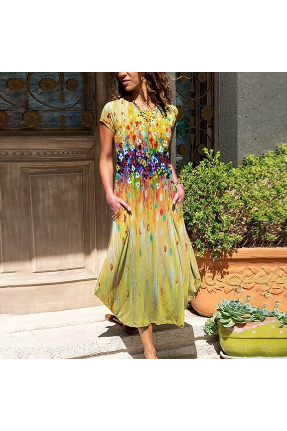 Plus Summer Dress with Pockets Print Casual Sundress Round Neck Floral Dress Short Sleeve Misses Ladies Dress Long Dress Cheistmas
