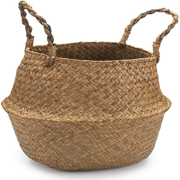 LEEYNEER Storage Belly Baskets - Decorative Multipurpose Woven Plants Basket With Handles & Plastic Tray Base For Plant Pots  Small Planter Stand  Large Tree Pot  Wicker Home Decor & Indo