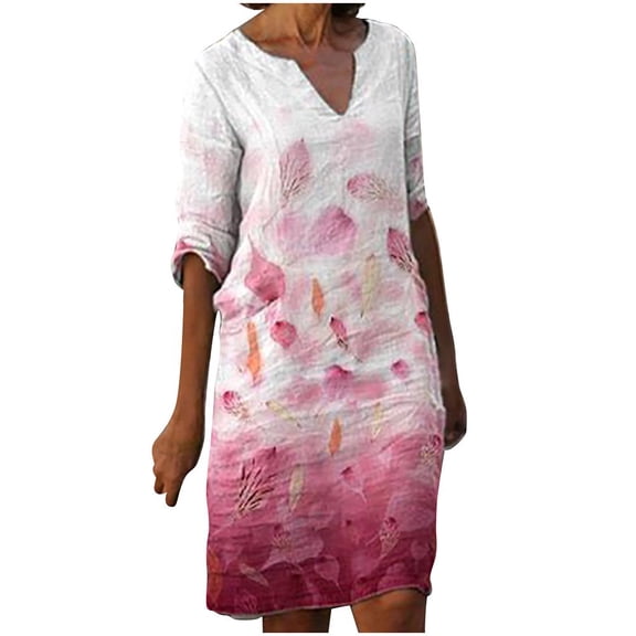 LEEYNEER Summer Dresses for Women 2022  Women‘s Beach Casual Dresses  3/4 Sleeves Dress  Fashion Flowers Printed Waist Sundress  V-Neck Knee-length Dress Holiday Dresses Mini Sundresses W