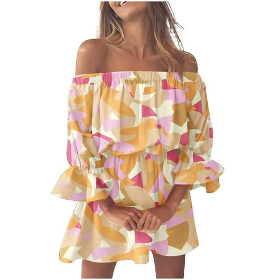 LEEYNEER Summer Dresses for Women 2022 Women‘s Beach Casual Dresses Fashion Women‘s Summer Sexy Casual Off Shoulder Printing Bell Sleeve Dress Plus Size Holiday Dresses Mini Sundresses