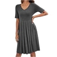 thumbnail image 1 of LEEYNEER Summer Dresses for Women 2022  Women‘s Beach Casual Dresses V-Neck Short Sleeve Pocket Solid Pomegranate Pleated Everyday Dress  Plus Size Holiday Dresses Mini Sundresses Gray S, 1 of 6