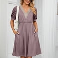 thumbnail image 1 of LEEYNEER Summer Dresses for Women 2024 Dresses Ladies Short Sleeve V-Neck Solid Color Pocket Makings Robe, 1 of 8