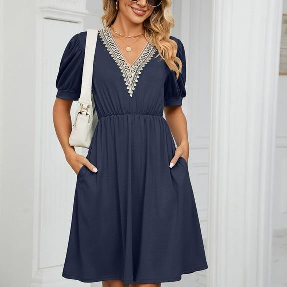 LEEYNEER Summer Dresses for Women 2024 Dresses Ladies Short Sleeve V-Neck Solid Color Pocket Makings Robe