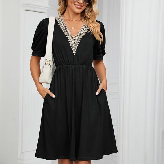 LEEYNEER Summer Dresses for Women 2024 Dresses Ladies Short Sleeve V-Neck Solid Color Pocket Makings Robe