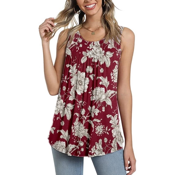 LEEYNEER Woman Tank Tops Women‘s Summer Casual Sleeveless Blouse Crewneck Tops Floral Printed T-Shirt Vest for Women