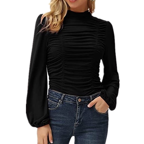 LEEYNEER Women Casual Solid Color Long Lantern Sleeve High Collar Pleated Slim T-Shirt Plus Size Tops for Ladies Autumn Winter Casual Loose Tunic Blouse Black M
