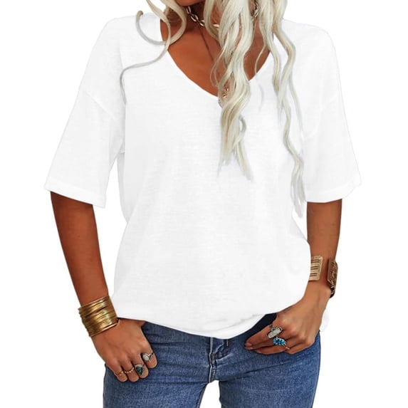 LEEYNEER Women Fashion V-Neck Half Sleeves Oversized T Shirt Solid Color Casual Loose Basic Tops S-2XL