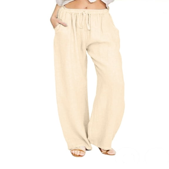 LEEYNEER Women Loose Cotton Linen Casual Trousers Solid Drawstring Pants with Pockets Daily Wear Home Wear