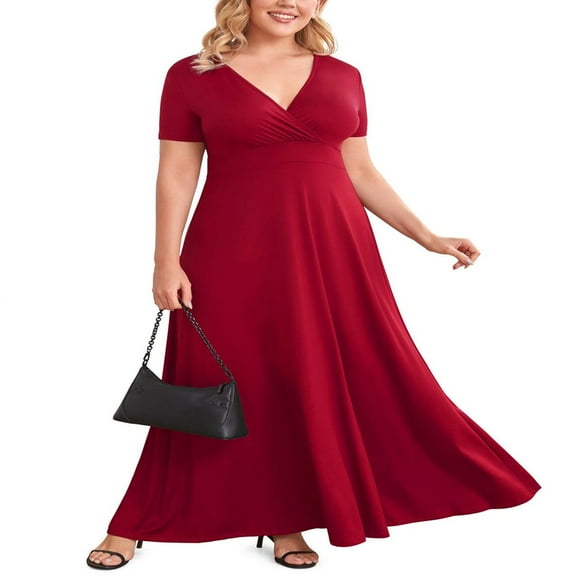 LEEYNEER Women Plus Size V Neck Short Sleeve Evening Dress  Elegant Party Maxi Dress