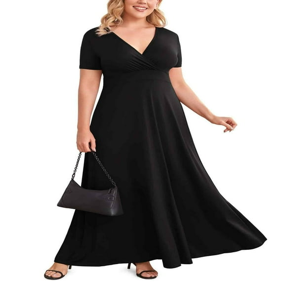 LEEYNEER Women Plus Size V Neck Short Sleeve Evening Dress Elegant Party Maxi Dress