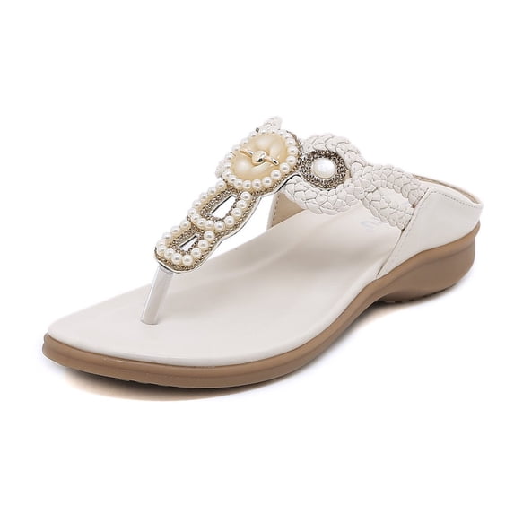 LEEYNEER Women Sandals Clearance 2023! Women‘s Flip-Flops with Arch Support Sandals Comfortable Round Head Beach Boho Rhinestone Resort Flat Shoes Summer Athletic Outdoor Beach Sandals