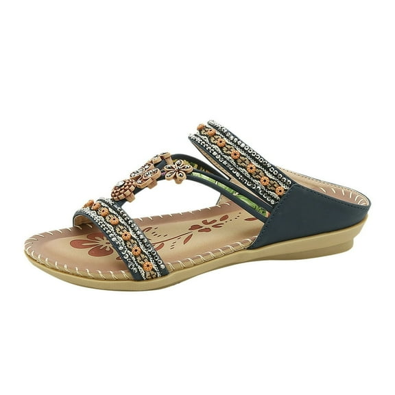 LEEYNEER Women Sandals Clearance 2023! Women‘s Flip-Flops with Arch Support New Floral Rhinestone Flat Shoes Toe Over Sandals Casual Beach Slippers Summer Athletic Outdoor Beach Sandals
