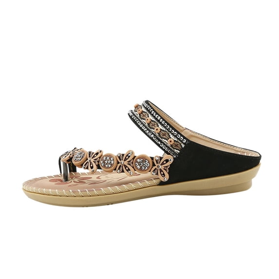LEEYNEER Women Sandals Clearance 2023! Women‘s Flip-Flops with Arch Support New Floral Rhinestone Flat Shoes Toe Over Sandals Casual Beach Slippers Summer Athletic Outdoor Beach Sandals