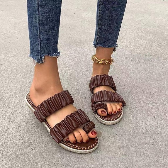 LEEYNEER Women Sandals Clearance 2023! Women‘s Flip-Flops Extremely Comfy Slides Sandals Car Stitching Hemp Rope Solid Color Flat Heel Back Hollow Low Top Slippers Non-Slip