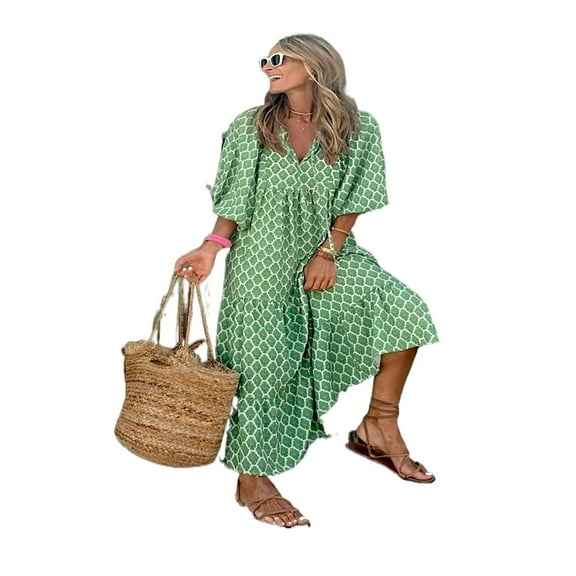 LEEYNEER Women Short Puff Sleeve V Neck Maxi Dress Summer Boho Floral Printed Dress Smocked Tiered Flares Sundress