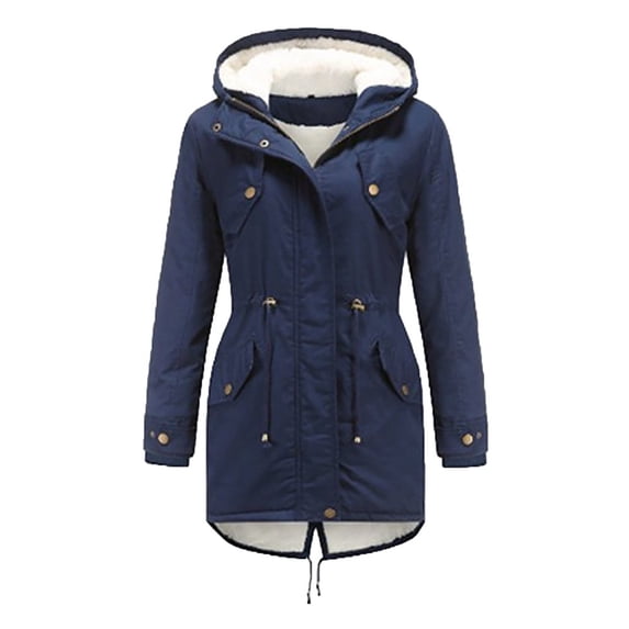 LEEYNEER Women Winter Parka Coat Hooded Warm Thickened Plush Cotton Windproof Jacket Fleece Lined Mid Length Puffer Coat with Drawstring Waist