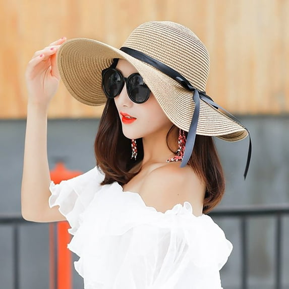 LEEYNEER Women‘s Beach Hat Portable Packable Roll Up Wide Brim Sun Visor UV Protection Floppy Crushable Straw Beach Hat Bonnet Beach Cap Sun Hat for Women Ladies Black Khaki Navy