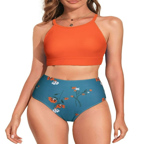 LEEYNEER Women‘s Bikini Sets 2 Pieces Swimsuits High Neck Bathing Suits Tummy Control Bikini Crop Top with Bottom Swimsuit Set Blue L