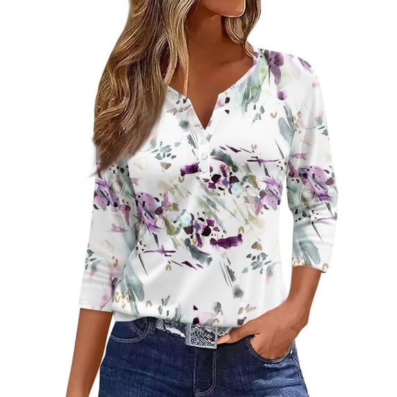 LEEYNEER Women‘s Blouse Tops Summer Flower Print Basic 3/4 Sleeve V Neck Casual Blouses Loose Fit Pullover Tops