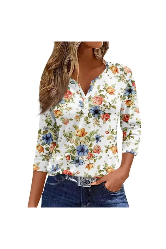 Women‘s Blouse Tops Summer Flower Print Basic 3/4 Sleeve V Neck Casual Blouses Loose Fit Pullover Tops