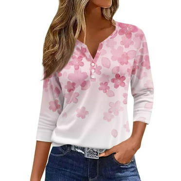 LEEYNEER Women‘s Blouse Tops Summer Flower Print Basic 3/4 Sleeve V Neck Casual Blouses Loose Fit Pullover Tops