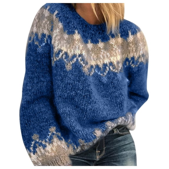 LEEYNEER Women‘s Casual Aztec Print Western Ethnic Knit Sweater Long Sleeve Warm Loose Crewneck Pullover Tops Fashion Retro Fall Winter Knitted Top