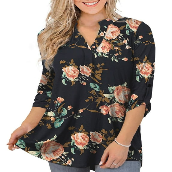 LEEYNEER Women‘s Plus Size Tops 3/4 Length Sleeve Shirts Dressy Casual V Neck Tunic Blouse (M-4XL)