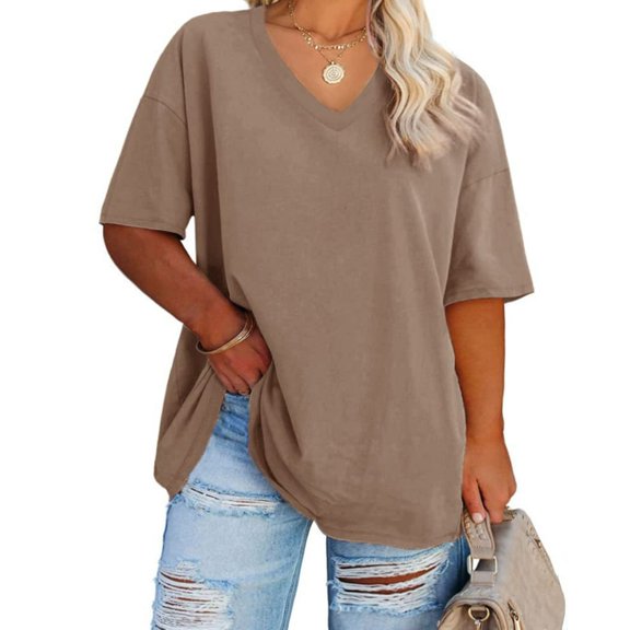 LEEYNEER Women‘s Plus Size V Neck T Shirts Summer Half Sleeve Oversized Tees Casual Loose Fit Tunic Tops