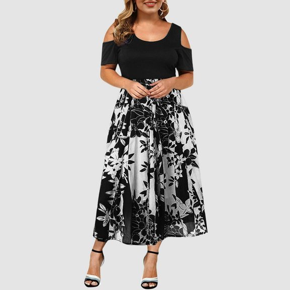 LEEYNEER Women‘s Summer Casual Loose Long Dress Plus Size Sexy O-Neck Strapless Draw Back Lace Splicing Short Sleeve Dress Short Sleeve Maxi Dresses with Pocket Black 4XL