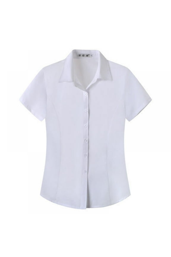 Womens Button Down Shirts Short Sleeve Business Collared Work Office Formal Button Up Blouse Shirt White