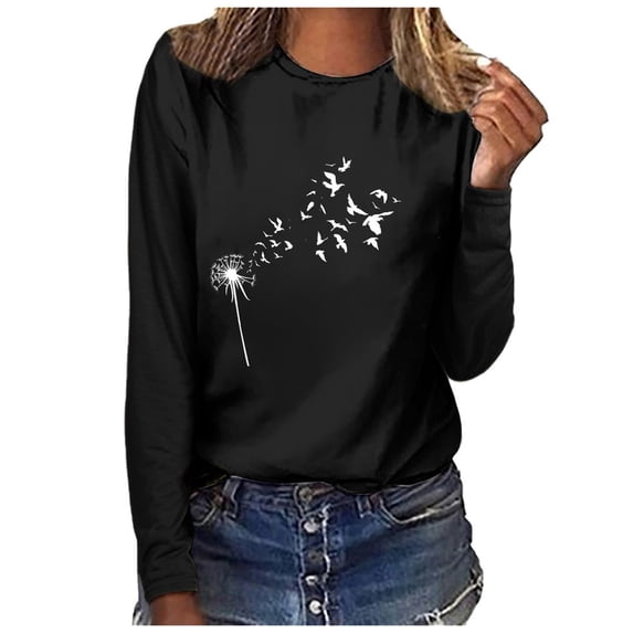 LEEYNEER Womens Casual Tops Long Sleeve Dandelion Print Loose Blouse O-Neck Cotton Tee for Fashion Army Green S