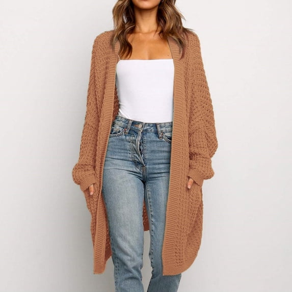 LEEYNEER Womens Patchwork Cardigan Long Sleeve Open Front Knit Sweaters Coat Pockets Yellow M