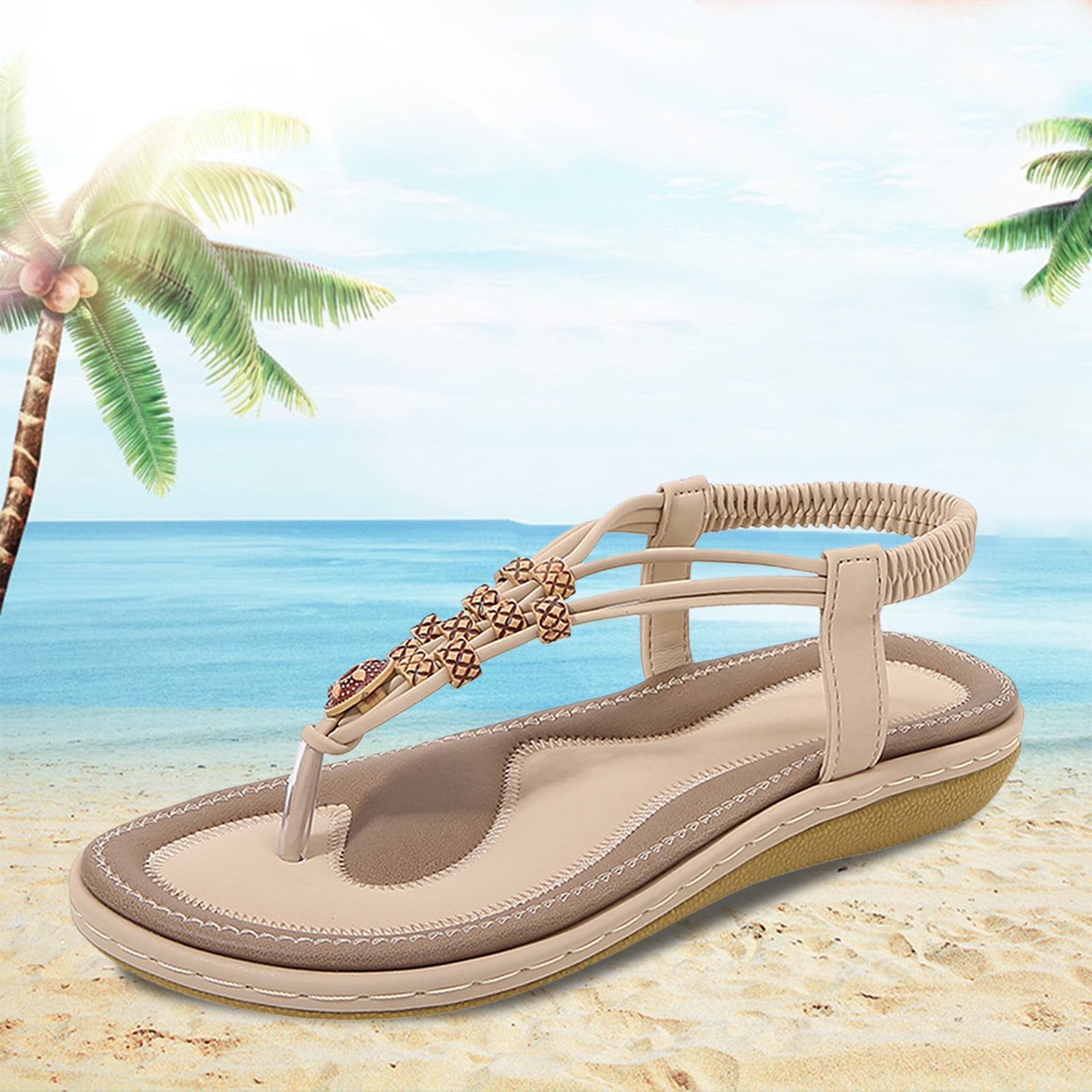 LEEy World Walking Shoes Women Summer Flats Sandals for Women with Rhinestone Beaded Ankle T Strap Thong Elastic Beach Sandal Slip On Walking Shoes
