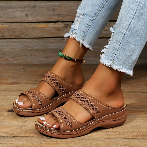 LEEy-World Womens Sandals Women Sandals Wedge Sandals Shoes for Women Elegant Flower Ankle Strap Casual Summer Dressy Flat Shoes