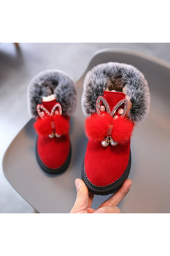 Baby Shoes Kids Baby Girls Warm and Soft Shoes Princess Shoes Fashion Hairball Cotton Boots Snow Boots Sneaker Slippers for Kids (Red, 11.5 Little Kids)