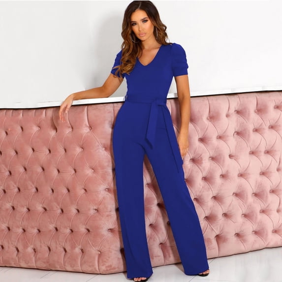 LEEy-world Bodysuit for Women Women's Sleeveless Neck Ruffle Trim Belted Cropped Jumpsuit Romper Blue,L